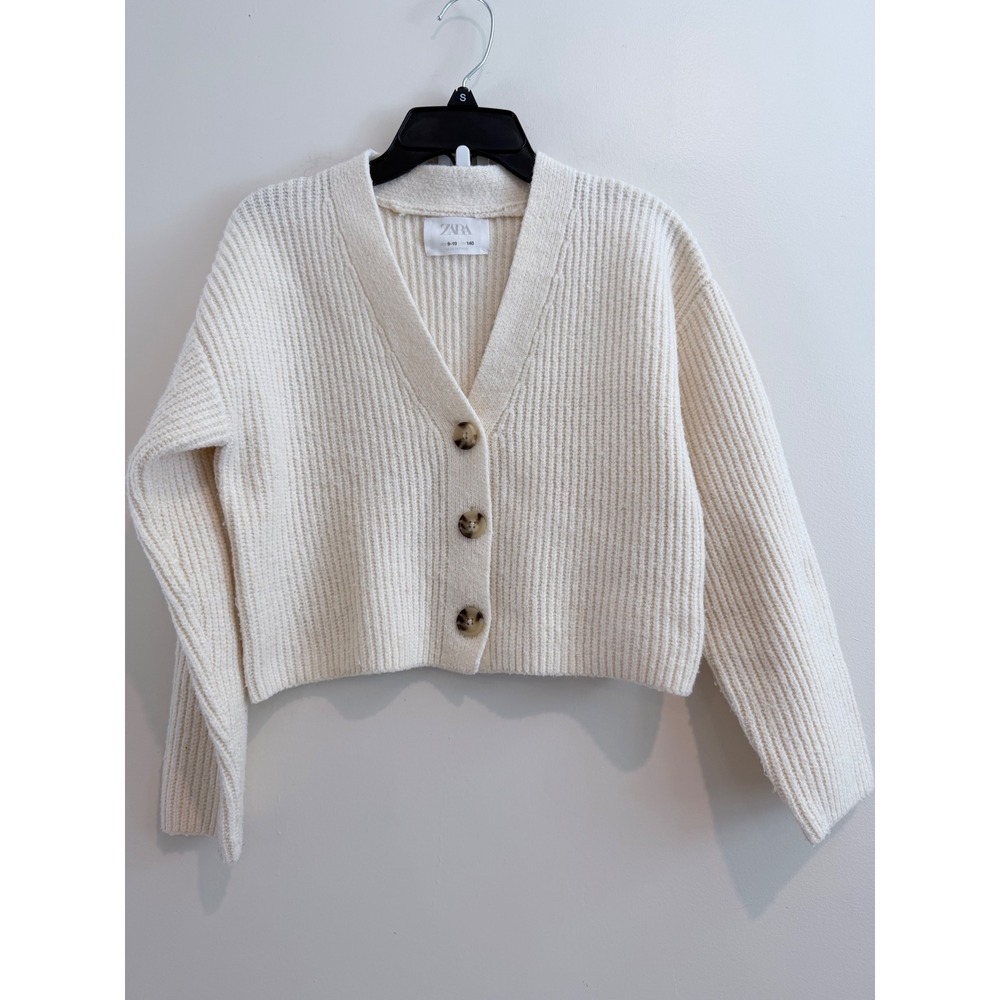 Zara Kids Ribbed Knit Cardigan Sweater Cream Off White V-Neck Size 9-10 140cm